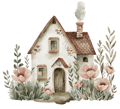 Watercolor cottage with flowers. Hand painted illustration png