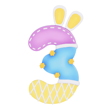 Easter bunny holiday number 3 with cute decoration on transparent background , 3D Rendering png