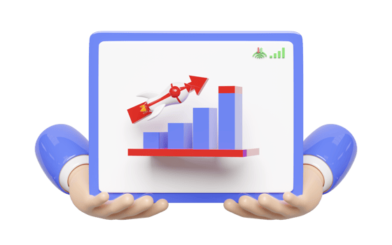 3d charts graph with hands, tablet, rocket, arrow, analysis business financial data. business strategy concept, 3d render illustration png