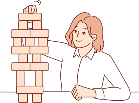 Business woman builds tower of wooden cubes, symbolizing sustainable business strategy and working on development of company. Girl in business clothes plays board game developing concentration. png