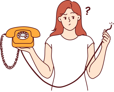 Embarrassed woman is holding retro telephone with torn wire, and is wondering how to restore telephony to call friends. Girl was left without communication due to broken telephone and needs repairman png