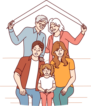 Large happy family of retired parents and millennial children with grandchildren under roof of house png