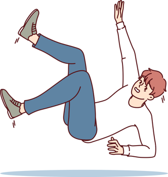 Man stumbles and falls to ground, risks injury due to carelessness or slippery floor. Guy falls showing scared emotions to create warning advertisement about importance of being careful png