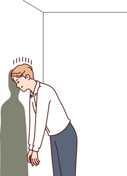 Depressed man in hopeless situation is banging head against wall trying to come up with original solution to problem. Guy victim of hopeless situation needs psychological support or advice png