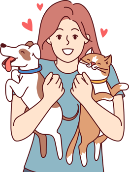 Two pets in hands of teenage girl hugging cat and dog, and feeling love for domesticated animals png