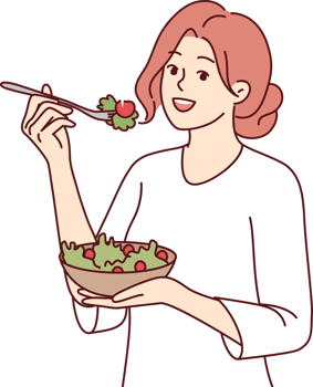 Woman follows diet by eating green seaweed salad to get rid of diseases and lead healthy lifestyle. Happy girl enjoying organic vegetable food following diet as recommended by nutritionist png