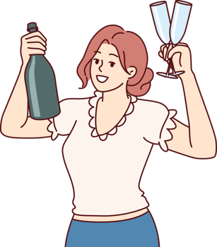 Woman shows bottle of champagne and wine glasses, suggesting friday night party to take break from work. Business girl calls for glass of wine to celebrate signing of lucrative contract png