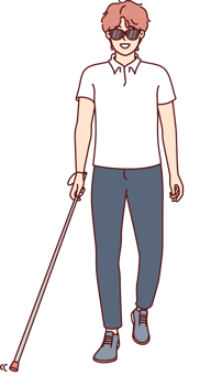 Young blind man walks through city wearing sunglasses and using cane to find way. png