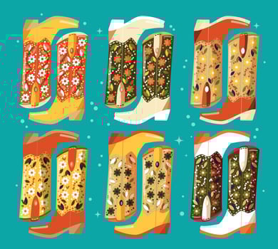 Collection of hand drawn cowboy boots decorated with flowers on mint background. Vibrant and colorful vector illustration.