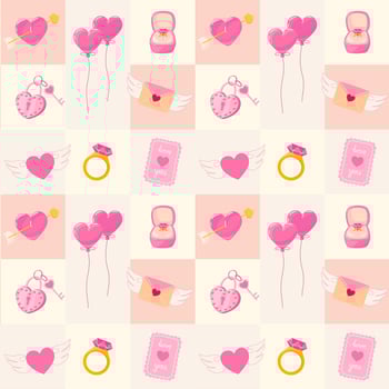 Geometric seamless pattern with heart, love letter, balloons, engagement ring, lock and key. Valentine's day vector illustration background. Detailed cartoon element for packaging, designs