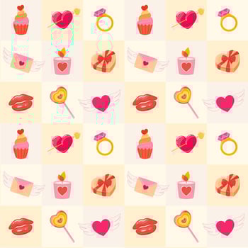 Geometric seamless pattern with heart, cupcake, lollipop and love candle. Valentine's day vector illustration background. Detailed cartoon element for packaging, designs