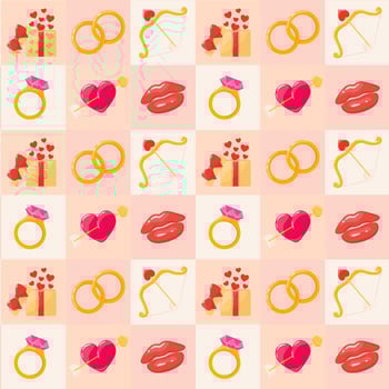 Geometric seamless pattern with heart, wedding and angagement rings, Cupid bow with arrow and lipstick kiss. Valentine's day vector illustration background. Detailed cartoon design element