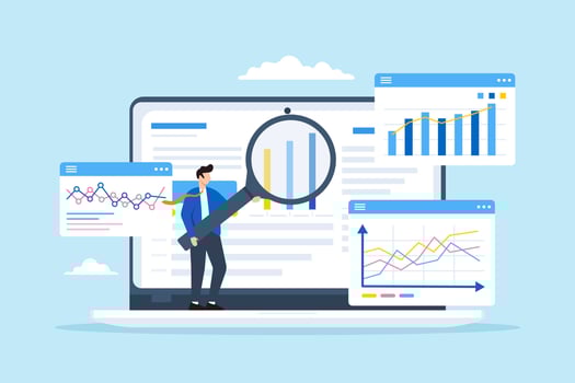 Businessman analyst data on laptop with magnifying glass vector