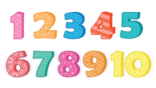 Colorful vector set of numbers 1 to 10 with fun patterns for birthday card designs and childish designs.