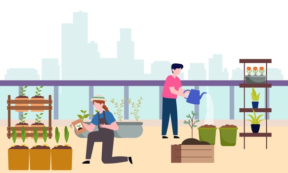 People gardener farmer together arrangement green roof illustration vector