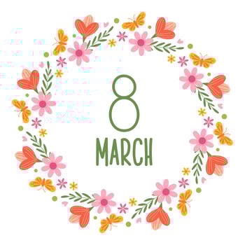 Spring decorative round frame with flowers and butterflies. International Women's Day. March 8. Mother's Day. Design elements for card, invitations, sale, label, scrapbooking. vector