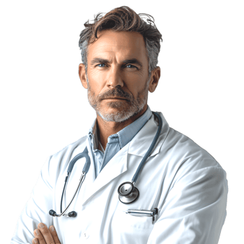 AI generated half body portrait of male doctor isolated on transparent background ,generative ai png
