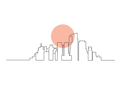 cityscape in continuous one line vector drawing. Modern flat line landscape vector. City landscape line art illustration with building, tower, skyscrapers. Vector illustration.