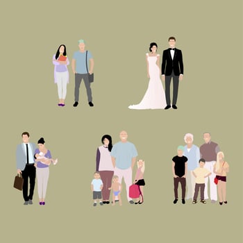 Evolution family from dating to appear grandchildren. Vector generation human life, character cartoon child, baby, parents. Illustration of aging stage dating wedding and baby birth