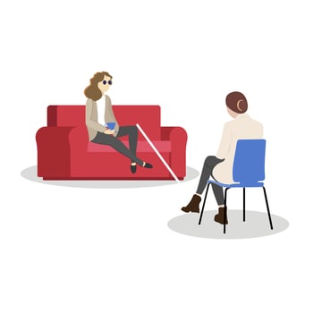 Psychological assistance for disabled people. Blind girl at psychologist appointment. Illustration rehabilitation and psychotherapy, communication and treatment, recovery and assistance invalid vector