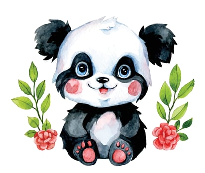 cute little panda bear with leaves and flowers, watercolor drawing kawaii style. print for children vector
