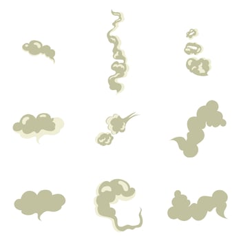 Toxic smoke cigarette or vapor. Vector shape fume, chemical vapour, collection flow steam, illustration fog mist from cigarette teeth and food in expired
