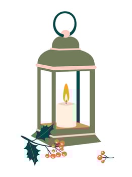 Antique green lamp with a lit candle and holly berries. Christmas illustration for a postcard with a white background. vector