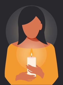 A burning candle in the hands of a woman on a black vertical background illuminates and warms their home. Ukraine without electricity and heat in 2022. vector