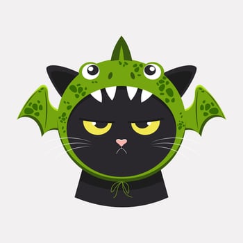 Funny black cute cat wearing a green dragon costume hat for the holiday. Vector. vector