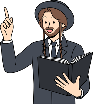 Jewish man holds book with religious texts and points finger up talking about israelite religion png