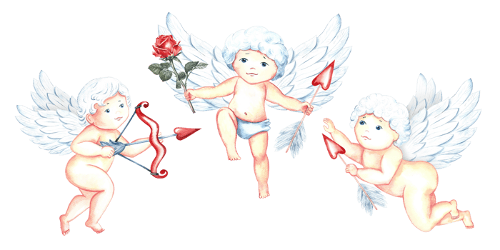 A set of cute, adorable adorable Cupids with arrows and a bow. Little angels or the god Eros. A hand-drawn watercolor illustration. For Valentine's Day and wedding. For postcards, prints, packaging. png