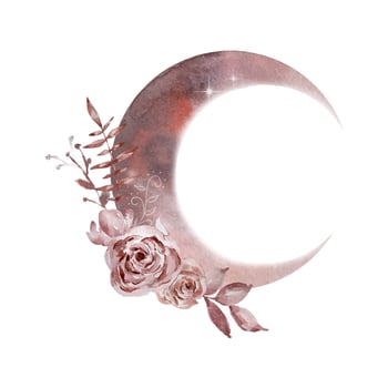 Watercolor moon with flowers bouquet, mystical vector
