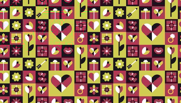 Geometric Valentine's day seamless pattern with simple shapes. romantic vector background. Modern abstract concept for print, banner, fabric, card, wrapping paper, cover.