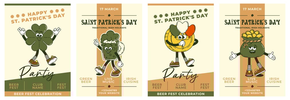 Happy Saint Patricks Day retro set party invitation. Funky groovy cartoon characters. Vintage funny mascot patch psychedelic smile and emotion. Comic trendy vector illustration