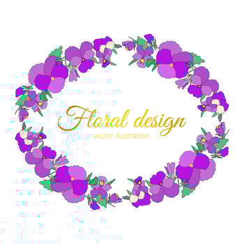 Vector frame of spring bright pink flowers pansies, floral wreath of cute colorful violets