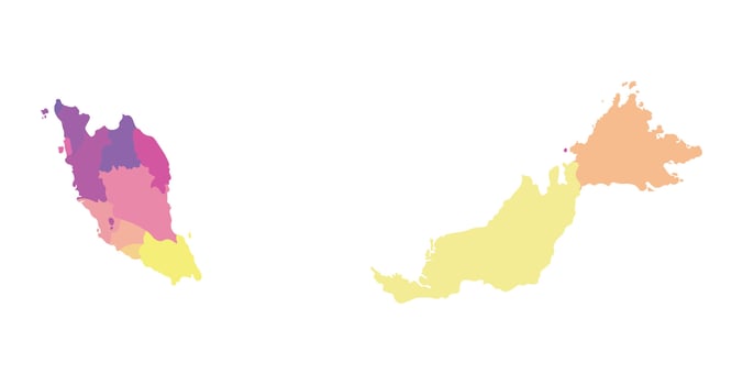 Vector isolated illustration of simplified administrative map of Malaysia. Borders of the regions. Multi colored silhouettes.