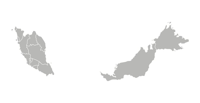 isolated illustration of simplified administrative map of Malaysia. Borders of the provinces, regions. Grey silhouettes. White outline vector