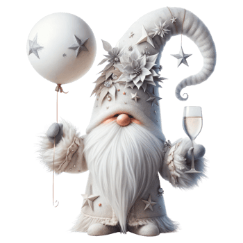 AI generated Gnome in white clothes celebrates the New Year. png