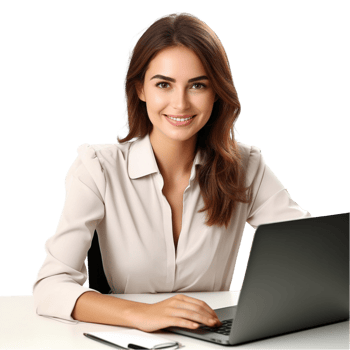 AI generated business woman sitting at desk with laptop png