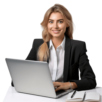 AI generated business woman sitting at desk with laptop png