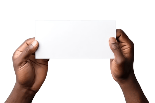 AI generated Close up hand men holding white paper blank for letter paper on transparent background. png