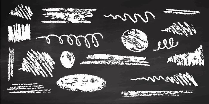 Hand-drawn underlining elements, brush with crayon effect, chalk texture on chalkboard background. Chalk stroke. Vector illustration in children's style. Crayon brush white underline.