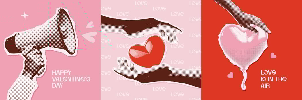 Halftone collage Valentine's day greeting cards or banners set with paper torn out elements - megaphone, heart, balloon. Trendy retro vector illustration