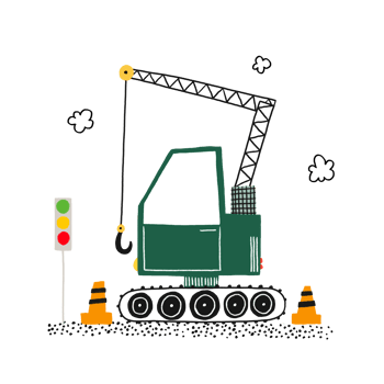 Poster with a green under dark crane with a hook working on a construction site. Orange construction cones and traffic lights png