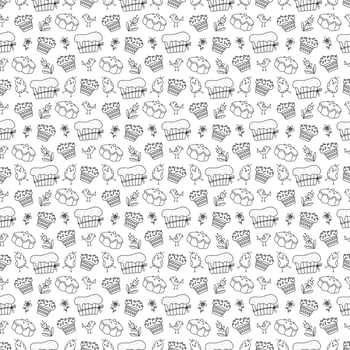 Seamless pattern with funny Easter chicks, Easter cakes and flowers. Doodle vector illustration.