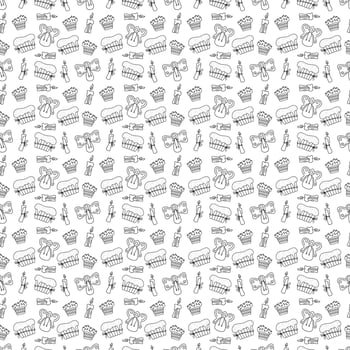 Seamless pattern with cute Easter chicks, Easter cakes, angels and flowers. Doodle vector illustration.