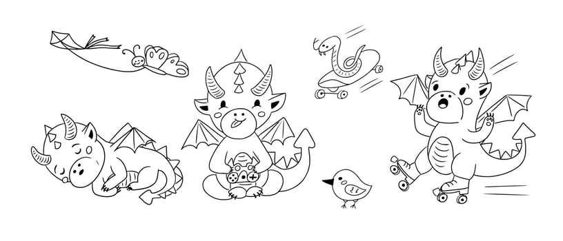 Hand drawn sketch outline set with kawaii dragon. Doodle contour fantastic animals with joystick, skate, roller-skate. Contour childish concept illustration. Ideal for coloring pages, tattoo, pattern vector