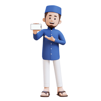 3D Characters of Muslim Man presenting on empty phone screen perfect for banner, web dan marketing material png