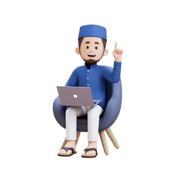 3D Characters of Muslim Man working on a laptop and pointing up perfect for banner, web dan marketing material png