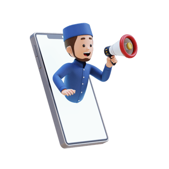 3D Characters of Muslim Man holding  megaphone and jump out from phone screen perfect for banner, web dan marketing material png